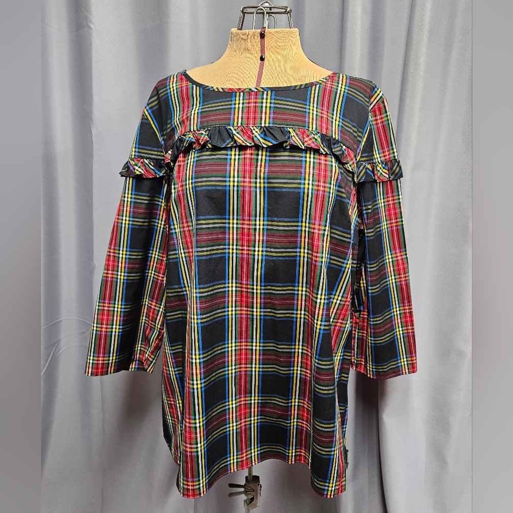 Women's Talbot's Plaid Tunic Top with Ruffle Detail and 3/4 length Sleeves (XL)